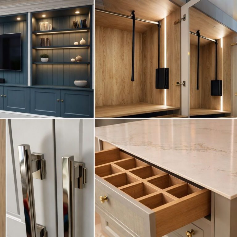 Modern interior featuring stylish cabinetry, shelves, and drawer storage.