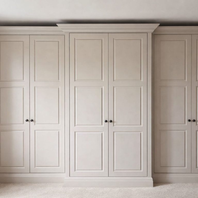 Minimalist light grey built-in wardrobe with panelled doors.