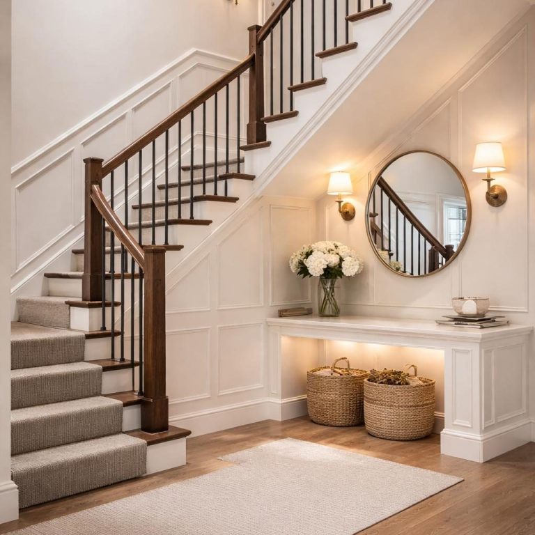 Bespoke staircase renovation transforming traditional stairs into a refined architectural feature. Featuring custom wall panelling and luxur