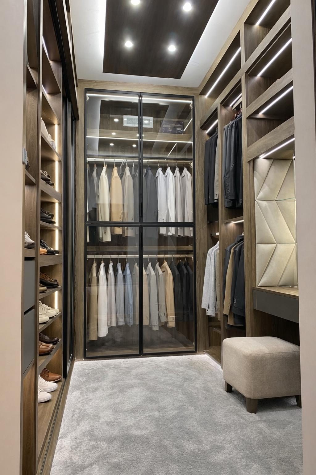 Bespoke walk-in dressing rooms with elegant storage and lighting