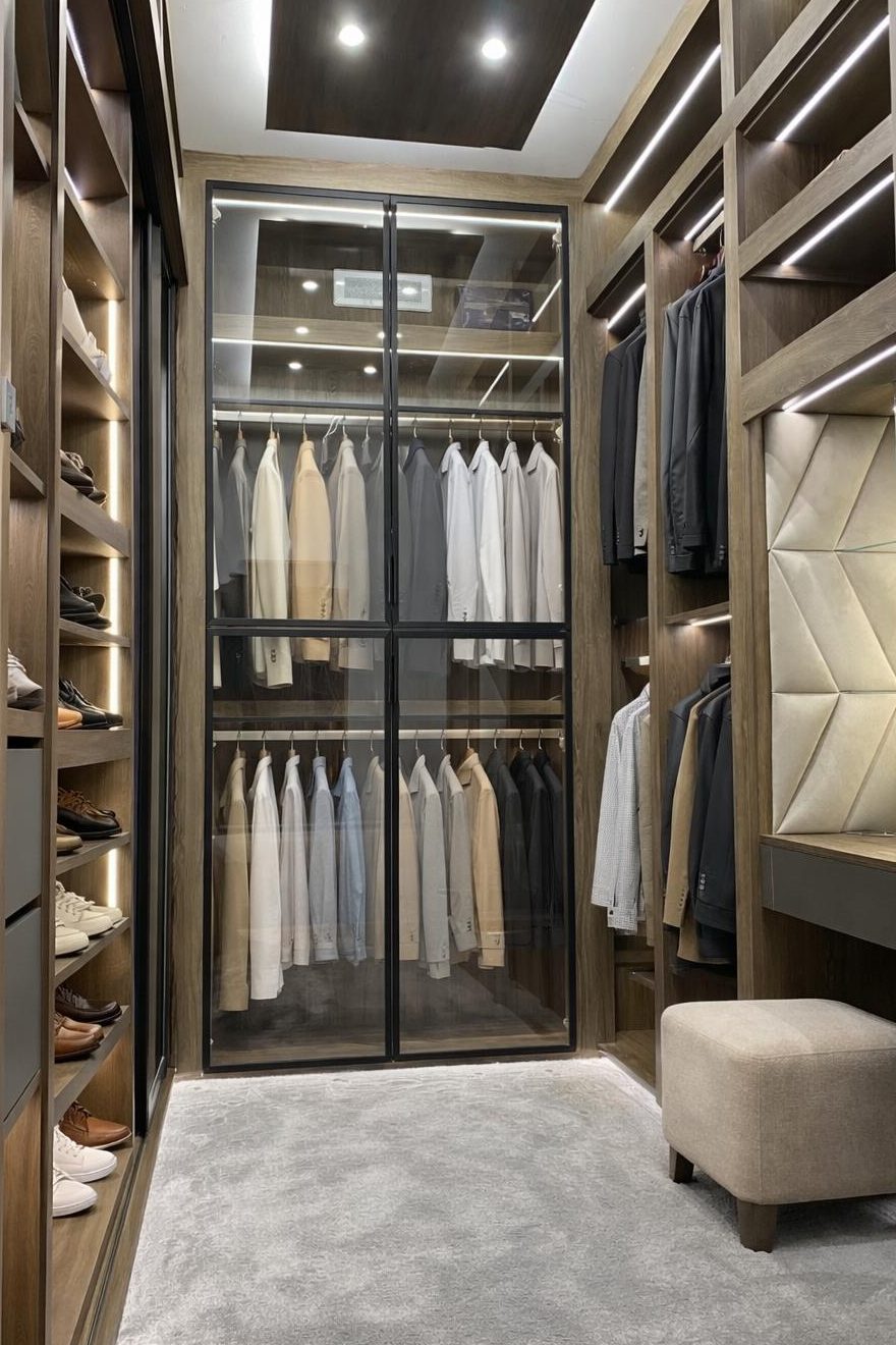 High-end bespoke wardrobe with integrated LED lighting, premium wood interiors and custom glass doors by Crafidea Bespoke