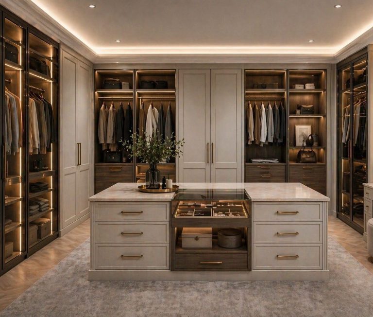 Modern wooden wardrobe interior with shelves, drawers, and mirrors.