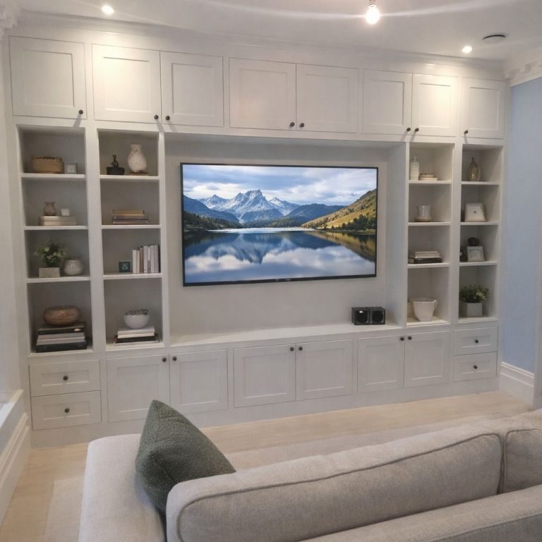 A bespoke entertainment unit designed and built in the UK, featuring integrated storage, shelving and a seamless media wall finish. This lux