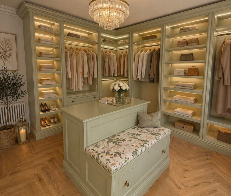 Minimalist light grey built-in wardrobe with panelled doors.