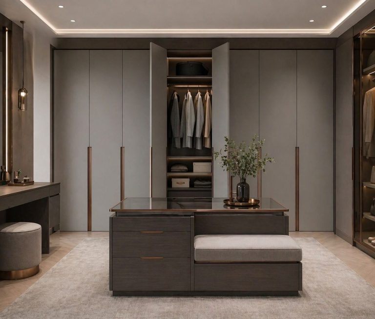 Stylish modern wardrobe with sliding doors, mirror, and organised shelves.